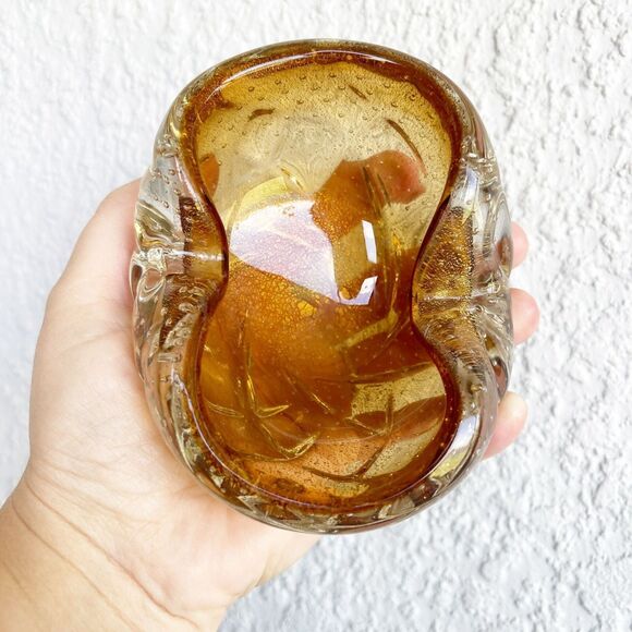 VTG Murano Amber Bowl Hand Mouth Blown Glass Laid in Bubbles Ashtray Dish Heavy - Picture 2 of 11